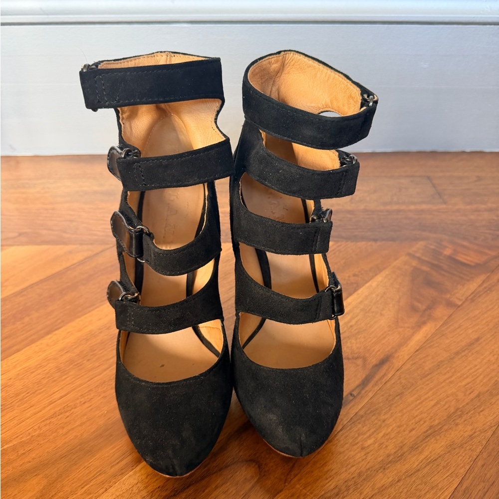L.A.M.B. Gwen Stefani Black Suede Multi Strap Buckle Platform Heels Size 6